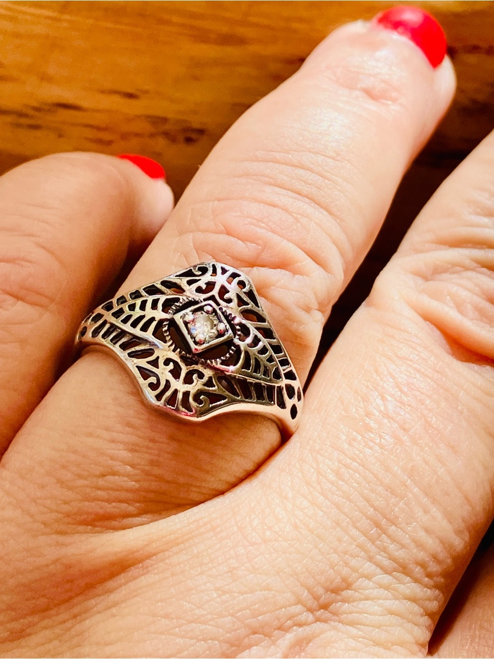 Vintage Avon Sterling Silver Open Work Filigree White Stone Ring Size 10